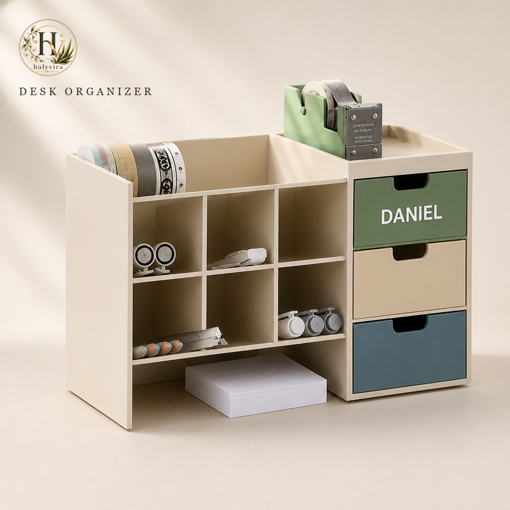 Halyvira DeskHub custom name desk organizer on warm cream studio background (updated)