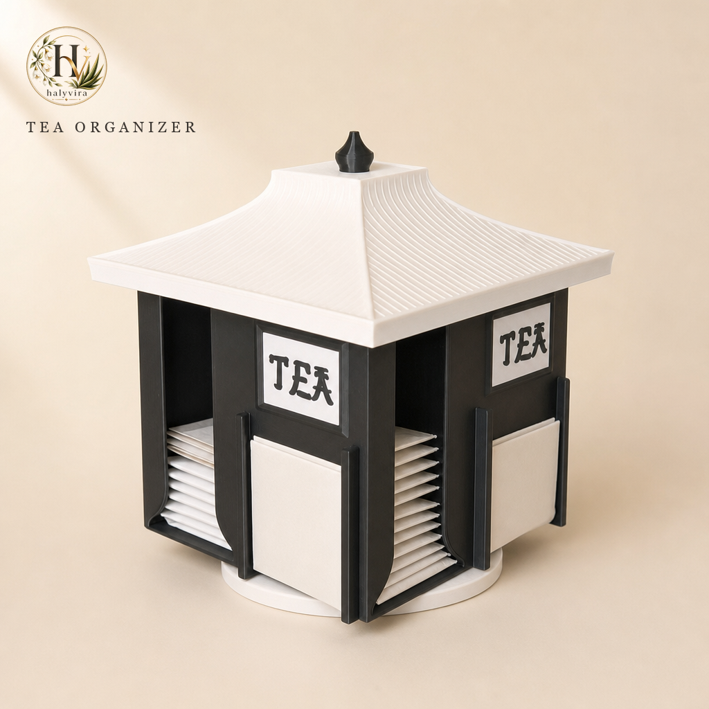 Halyvira pagoda rotating tea bag organizer on warm cream studio background (updated)