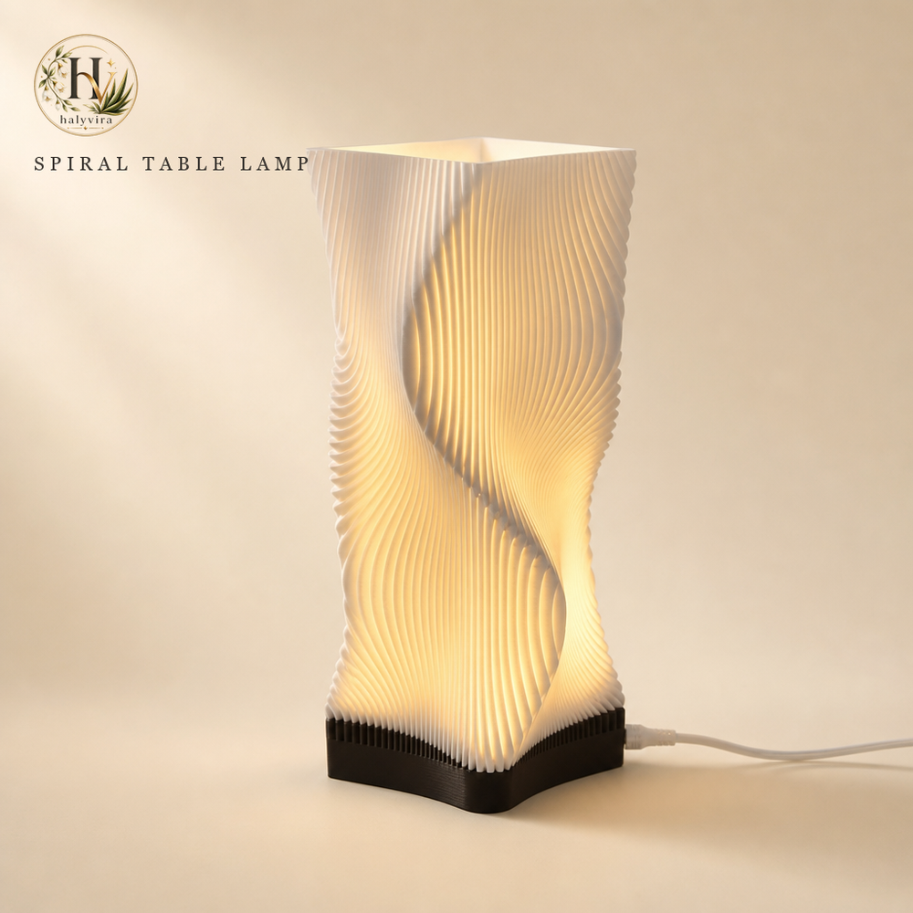 Halyvira white spiral LED table lamp on warm cream studio background (updated)