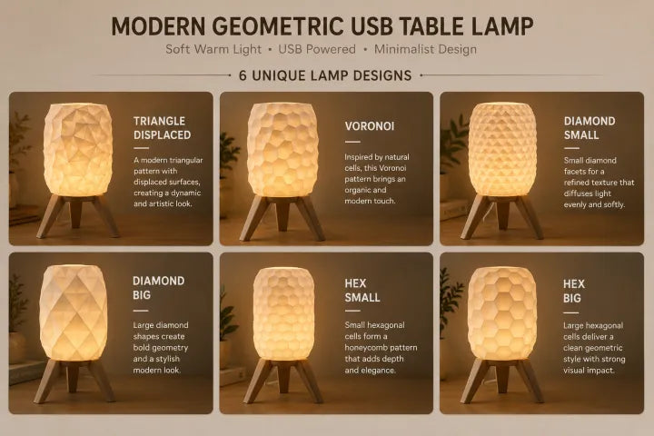 Modern Geometric USB Table Lamp with Tripod Stand | Ambient Bedside Light | 3 Light Modes & Dimmable