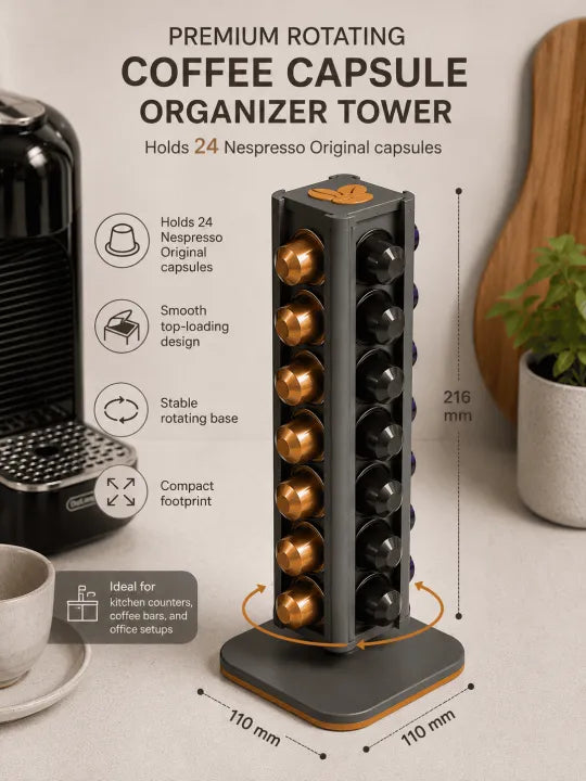 Premium Rotating Coffee Capsule Organizer Tower | 25 Capsule Capacity | Coffee Pod Storage Holder for Nespresso Capsules