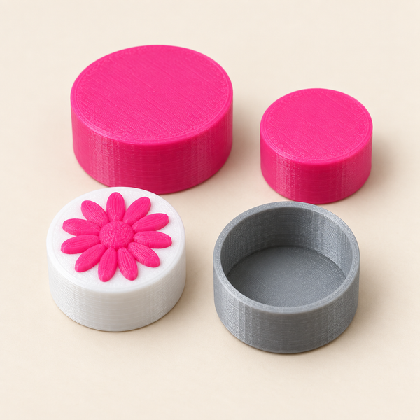 Examples of custom plain and flower vial caps in pink, white and grey — illustrative preview