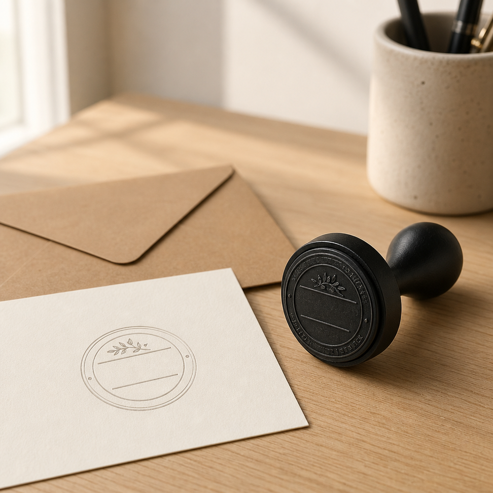 Custom logo stamp beside a kraft envelope and stamped cream card on a warm small-business desk
