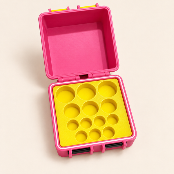 Open pink case with a yellow thirteen-slot mixed-size insert — illustrative preview