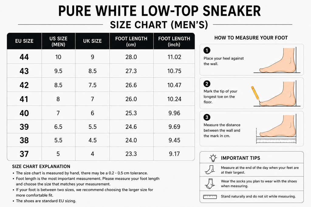 Pure white low-top sneaker size chart