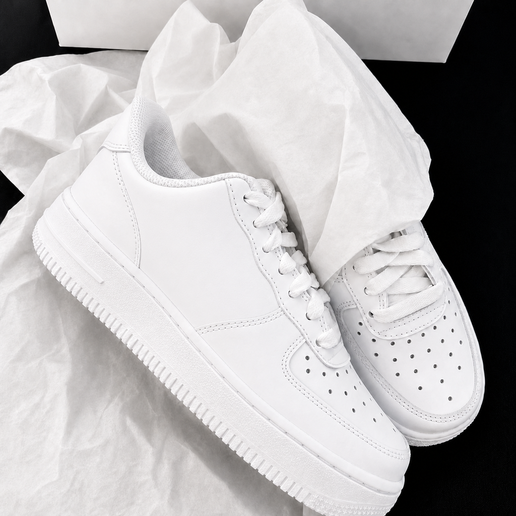 Close-up of pure white low-top casual sneakers