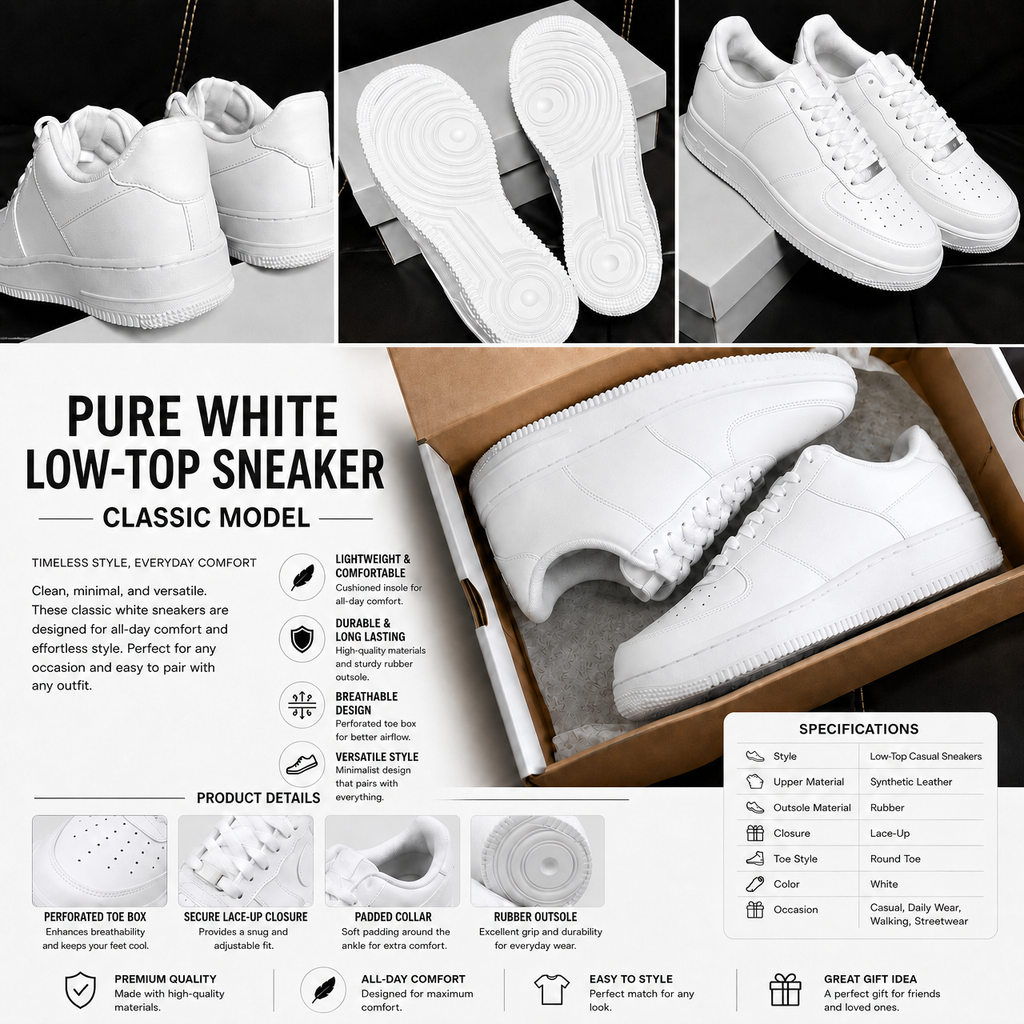Pure white low-top sneaker feature collage