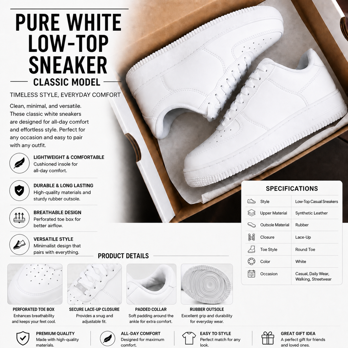 Pure white low-top sneaker specifications and product details
