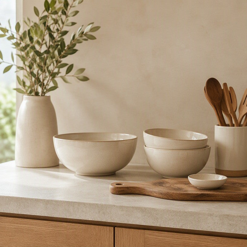 A warm, minimal kitchen scene