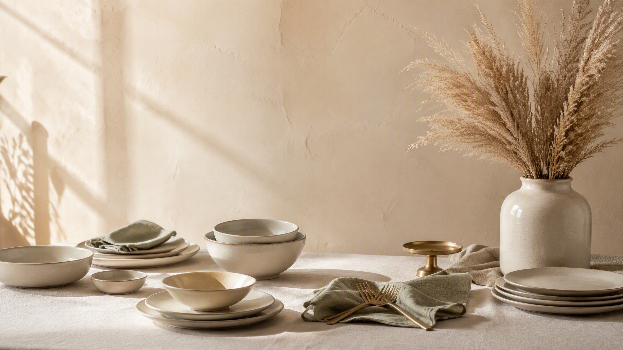 Cream ceramic tableware on linen with pampas grass